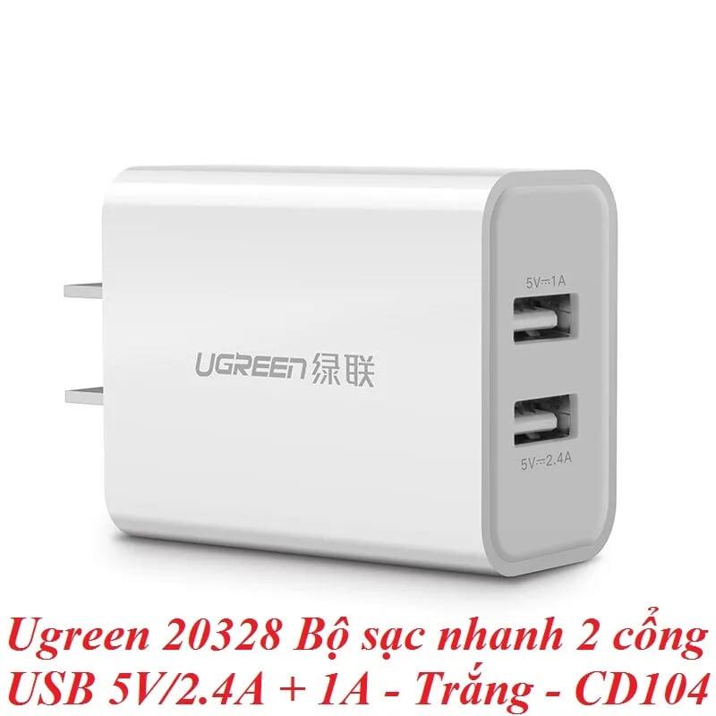 Ugreen UG20328CD104TK Màu Trắng Bộ sạc nhanh 2 cổng USB 5V/2.4A + 1A - HÀNG CHÍNH HÃNG