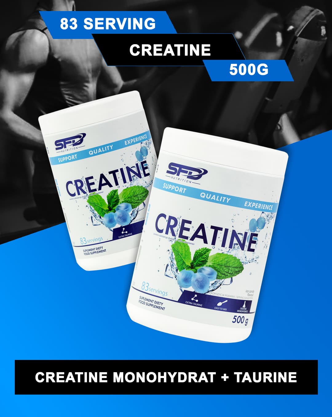 Bột SFD Nutrition Creatine Monohydrate (500g) + Taurine, Tăng Sức Mạnh &amp; Hiệu Suất Tập Luyện | Nhập Khẩu Ba Lan