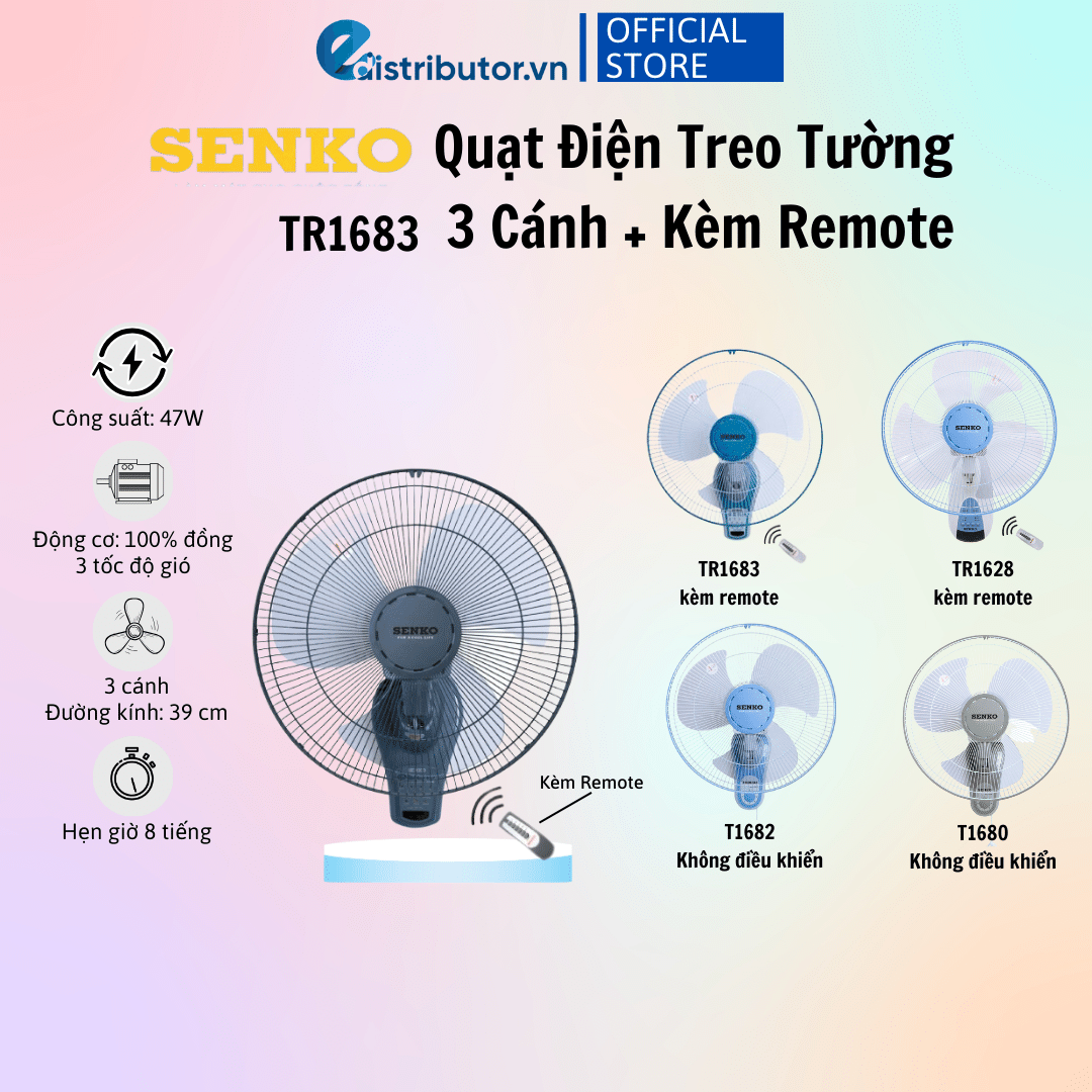 Quạt Treo Remote SENKO TR1683 ( Có Remote) / TR1628 (Có Điều Khiển Từ Xa) - Quạt T1682 / T1680 ( Không Có Điều Khiển Từ Xa) - Hàng Chính Hãng - Bảo Hành 12 Tháng - Quạt Treo Tường Senko Có Remote TR1628 (Tương tự mã TR1683)