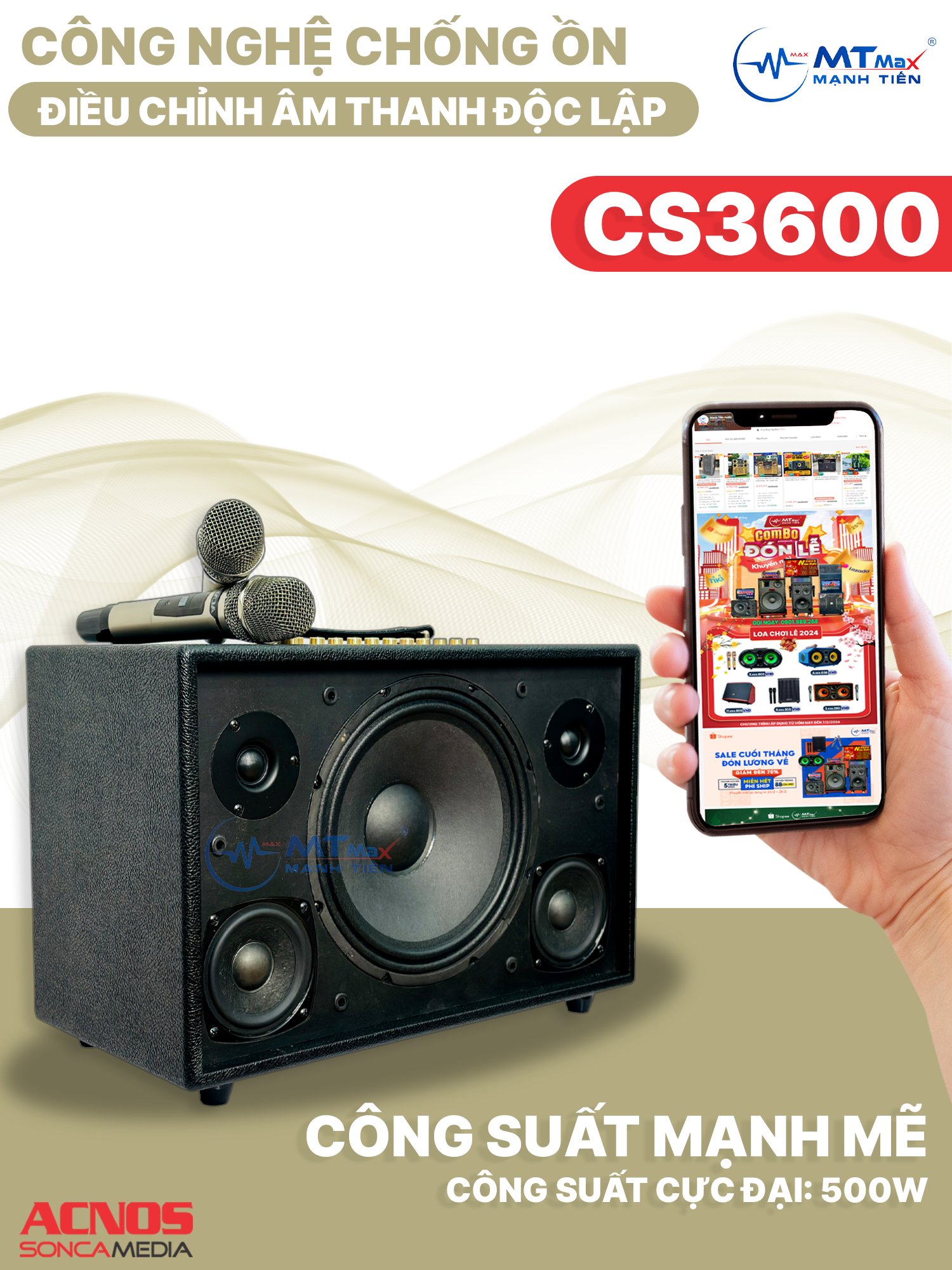 Loa Xách Tay ACNOS CS3600 - Loa Karaoke Chính Hãng 3 Đường Tiếng, Công Suất Lớn 500W, Âm Thanh Cao Cấp Chuyên Nghiệp, Nâng Tiếng, Chống Hú Siêu Cấp, Đi Kèm 2 Micro Karaoke hàng chính hãng