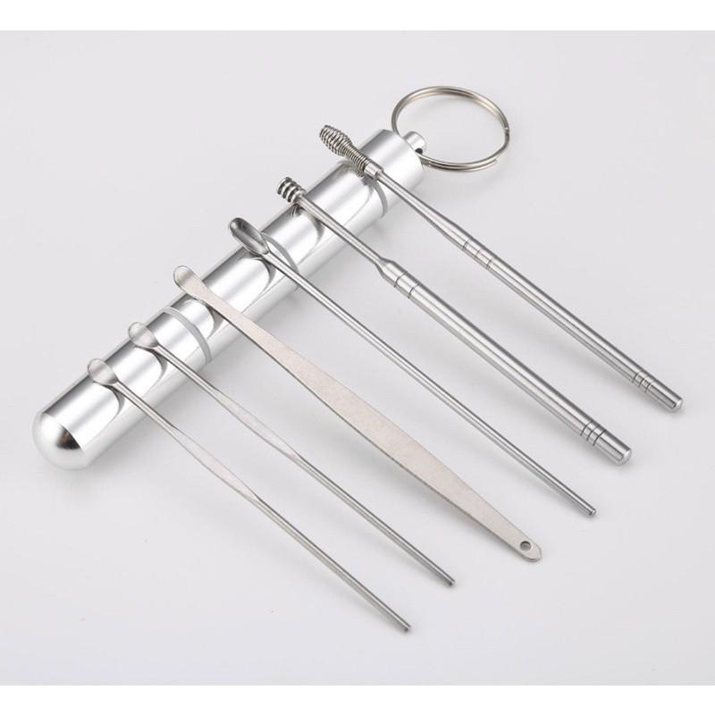 Bộ Dụng Cụ Lấy Ráy Tai Inox 6 Món - Ngoáy Tai Không Rỉ An Toàn, Có Móc Treo Tiện Lợi Khi Mang Theo