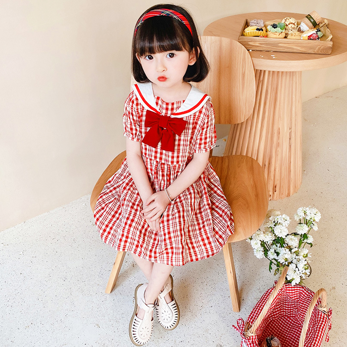Váy cho bé gái 8-22kg họa tiết sọc đỏ Baby-S, Đầm bé gái tay phồng phong cách Hàn Quốc xinh xắn – SD093