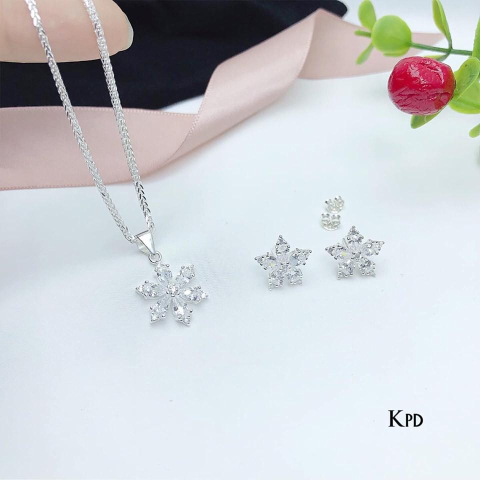 Sét phụ kiện trang sức trẻ trung bằng bạc nguyên chất cho nữ gồm bông khuyên tai và dây chuyền vòng cổ,Vàng bạc an chi
