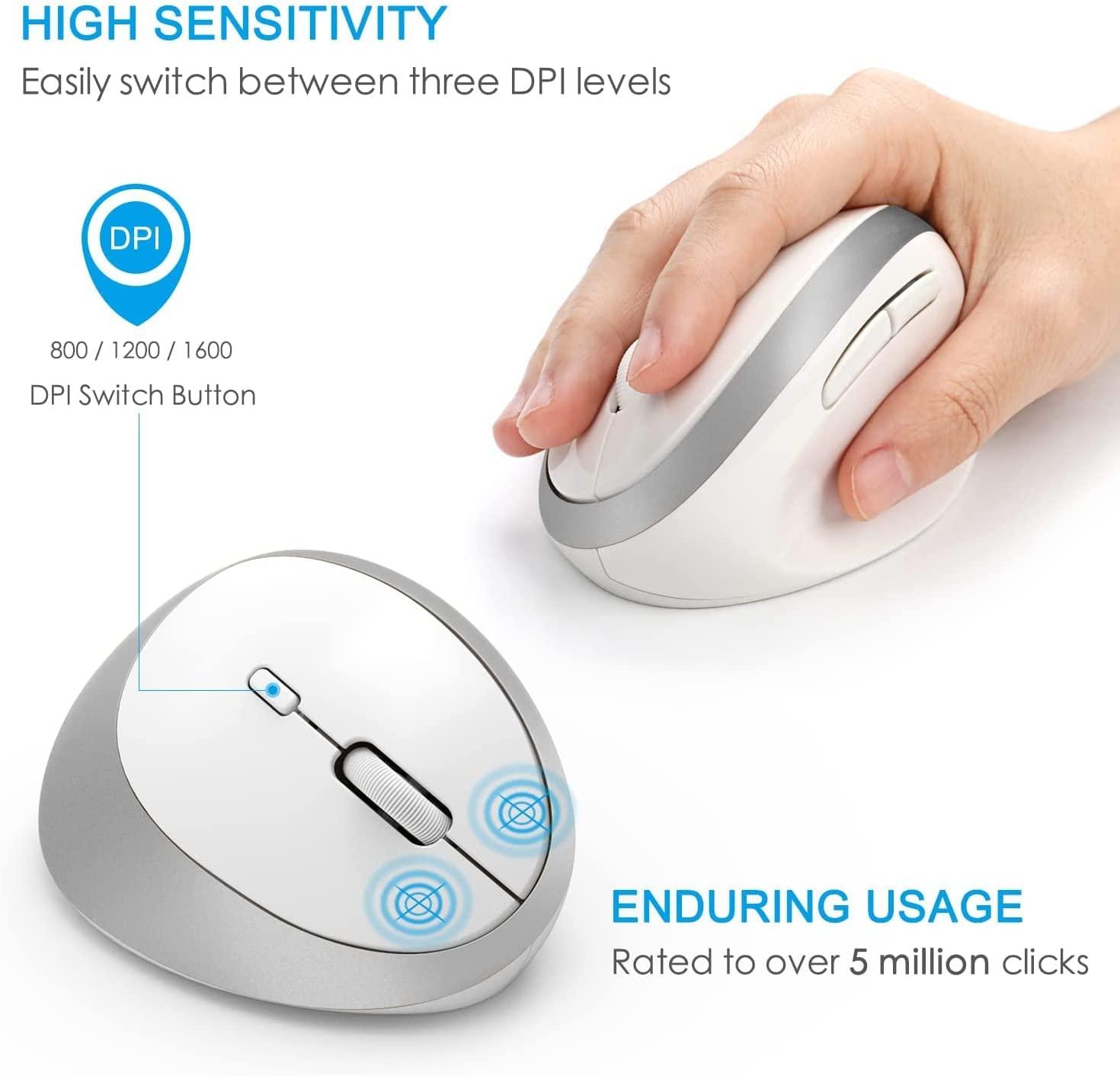 Chuột công thái học không dây - Chuột quang học thẳng đứng chính xác cao 2,4g với DPI 800/1200/1600 cho máy tính xách tay, bàn, PC, với máy thu USB