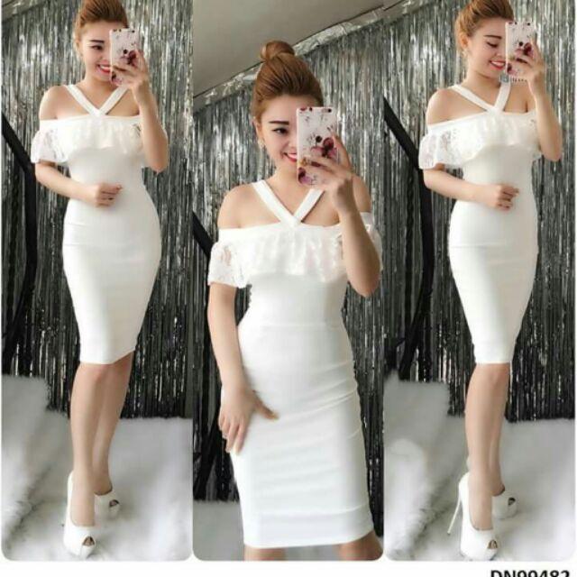 Đầm body bẹt vai phối bèo ren