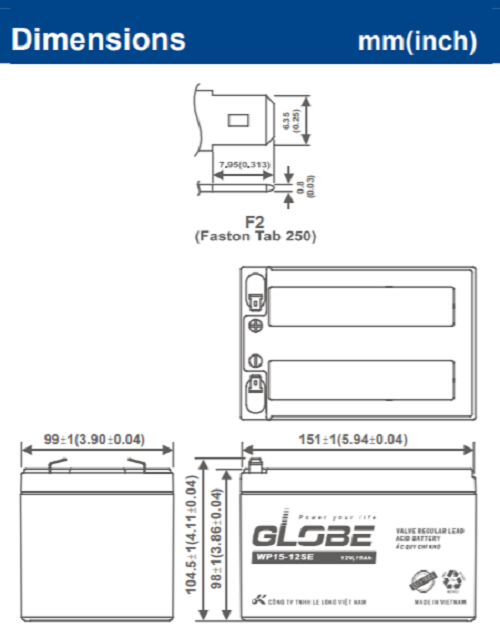 Hình ảnh ẮC QUY KÍN KHÍ (VRLA AGM) GLOBE WP15-12SE - (PDC-TECH)