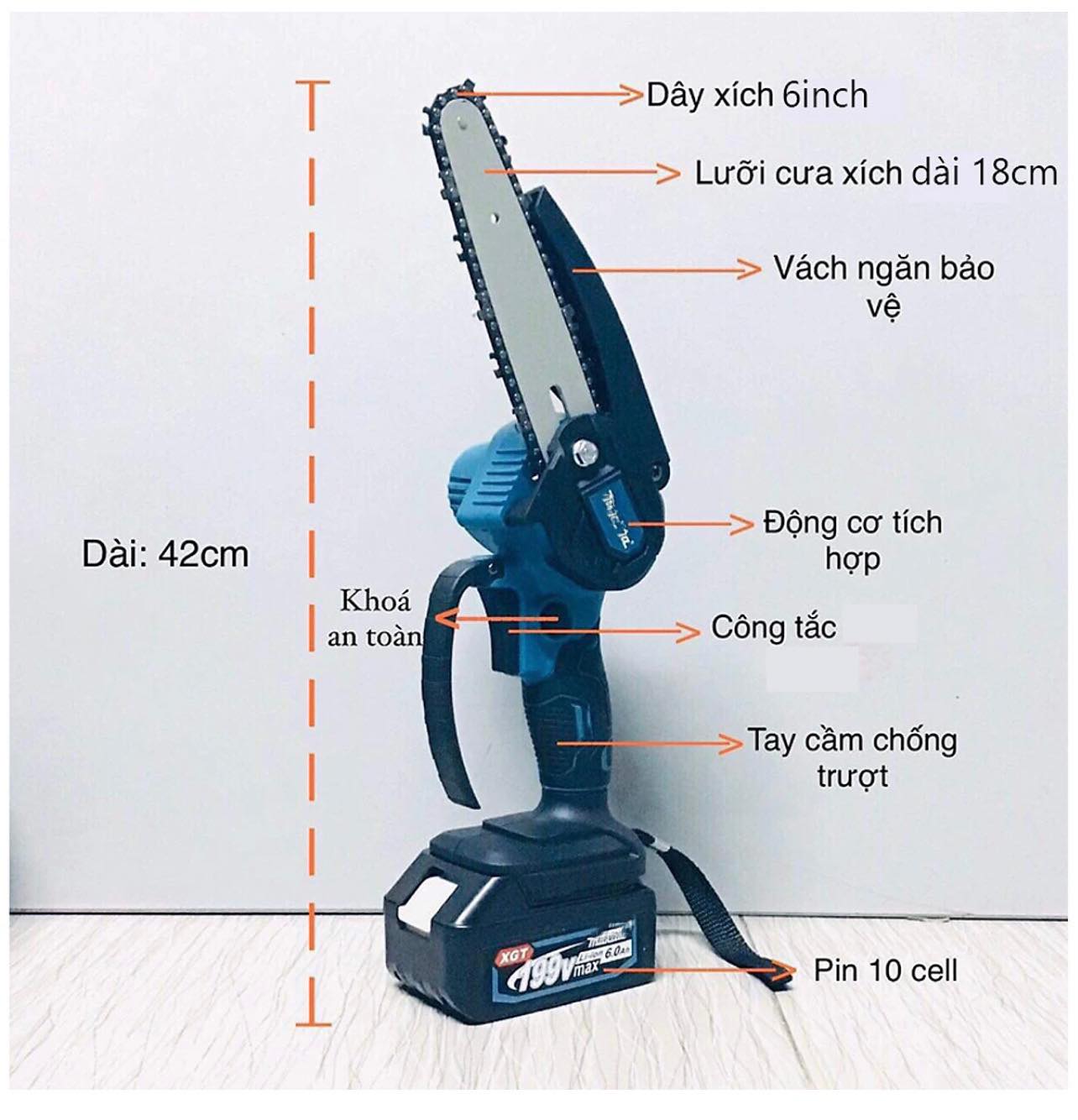 Máy cưa xích cầm tay, máy cưa gỗ mini dùng pin M.K.T 199V pin 10cell cắt gỗ tỉa cành