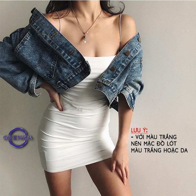 Váy 2 dây ôm body sợi bún sexy dự tiệc chất thun gân, đầm ngắn gợi cảm đẹp mát màu đen trắng size dưới 52 kg