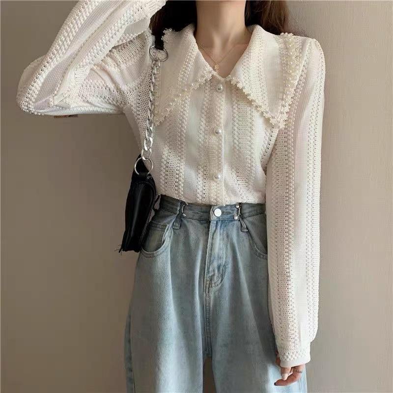 MS687 Áo sơ mi cổ tam giác voan ren cúc ngọc