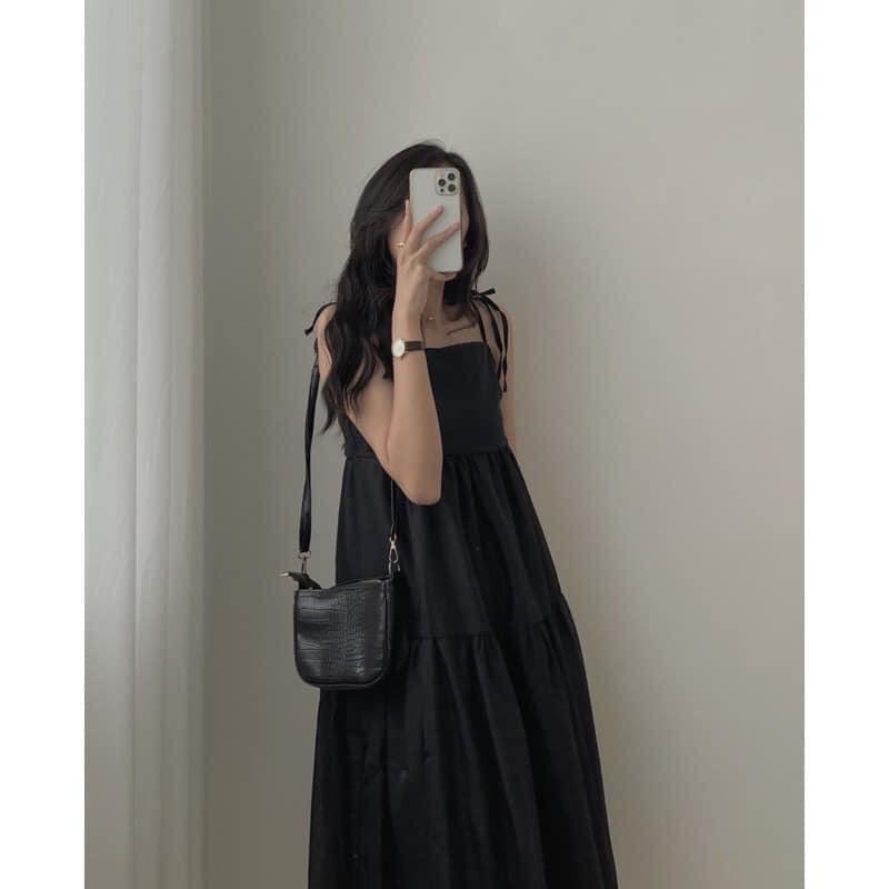Váy hai dây voan tơ, 3 tầng, buộc vai 2 lớp 2 màu đen/be siêu xinh (kèm video/ảnh thật) Xưởng Sỉ Nguyễn Hoa