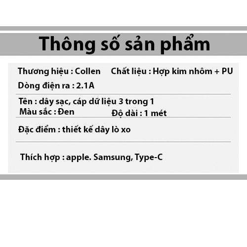 Dây cáp sạc lò xo 3 đầu iphone , samsung , type-C. dây sạc đa năng dùng trên oto