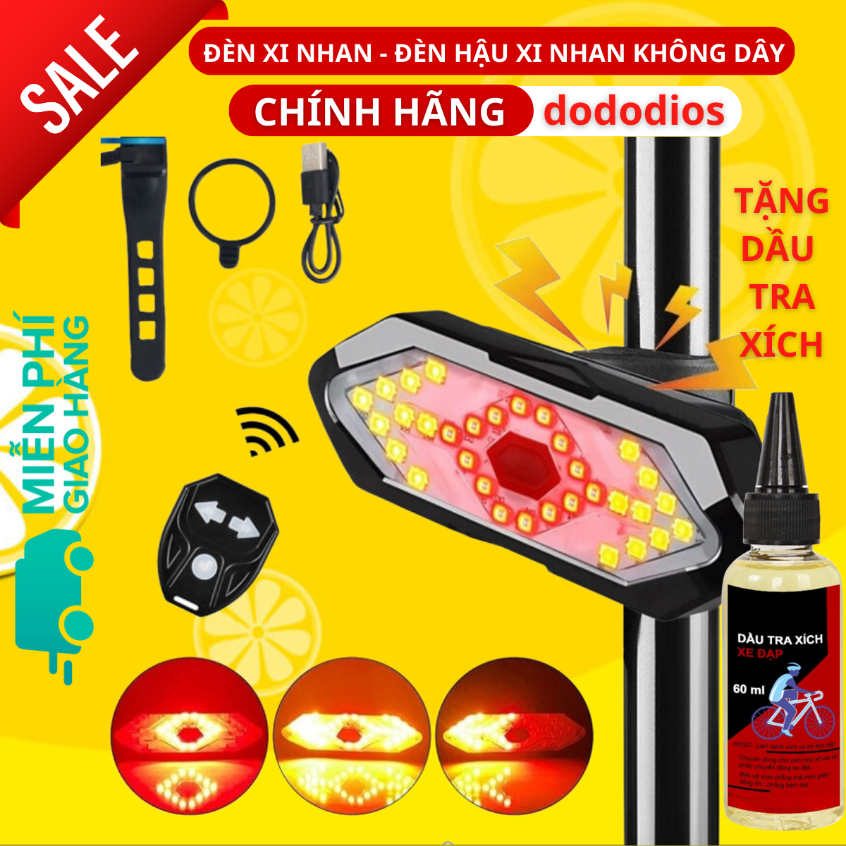 [TẶNG Dầu Tra Xích] đèn xe đạp xi nhan không dây siêu nhậy lắp cột yên 5 chế độ sáng KÈM CÒI - Hàng chính hãng dododios