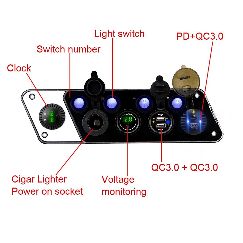 Bảng công tắc 4 cổng USB QC3.0 PD 12-24V 36W chống nước cho xe hơi