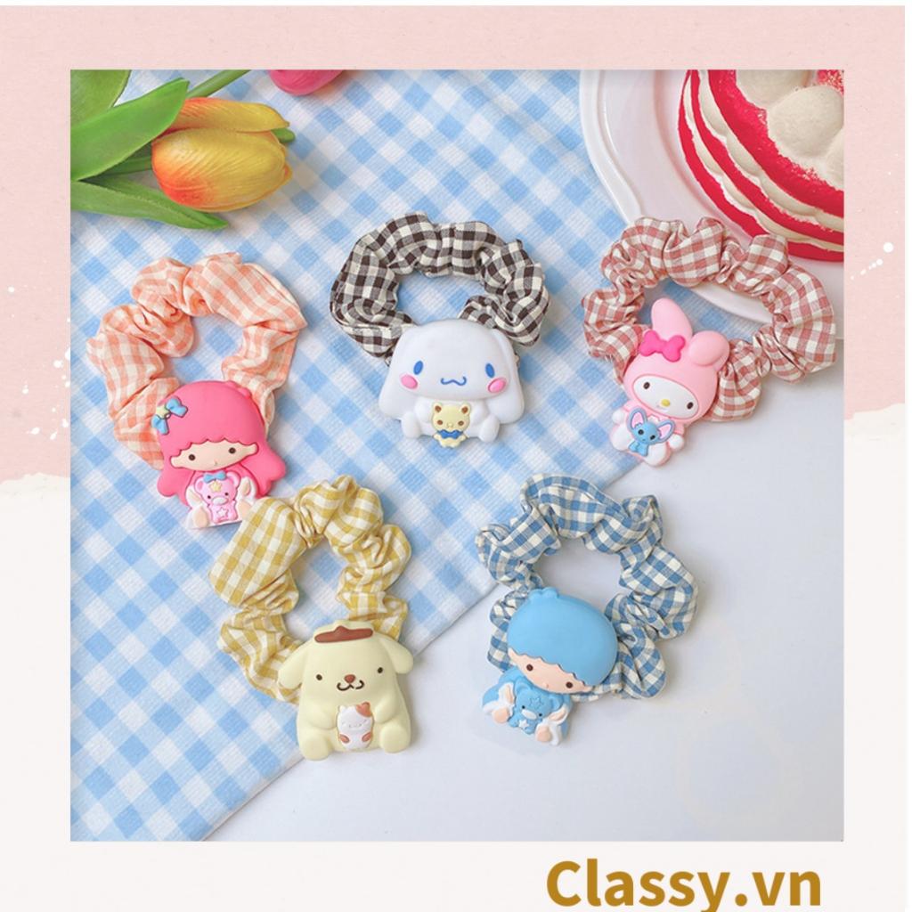 Dây cột tóc Classy scrunchies bằng vải kẻ sọc, đính họa tiết hoạt hình cún, gấu mix hàn quốc dành cho nữ PK1653