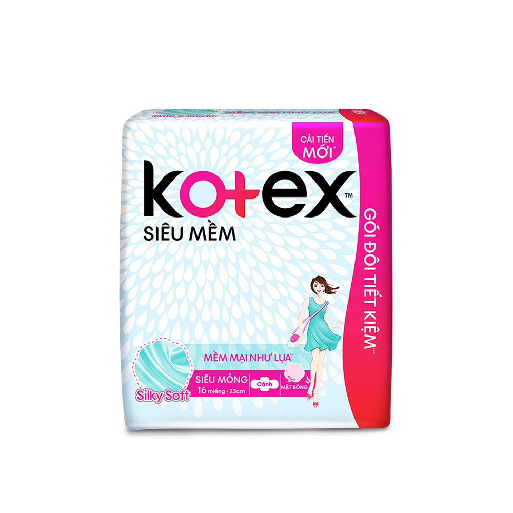 Combo 4 Gói Băng Vệ Sinh Kotex Cải tiến mới Siêu Mềm có cánh 23cm (Gói đôi tiết kiệm 16 miếng/gói)