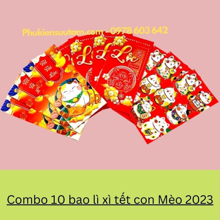 Combo 10 Bao Lì Xì Tết Con Mèo 2023, kích thước: 16cmx8cm, màu đỏ - SP000365