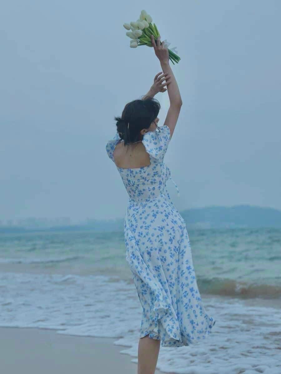 Đầm maxi hoa nhí xẻ đùi - đầm trễ vai maxi mang được 2 kiểu