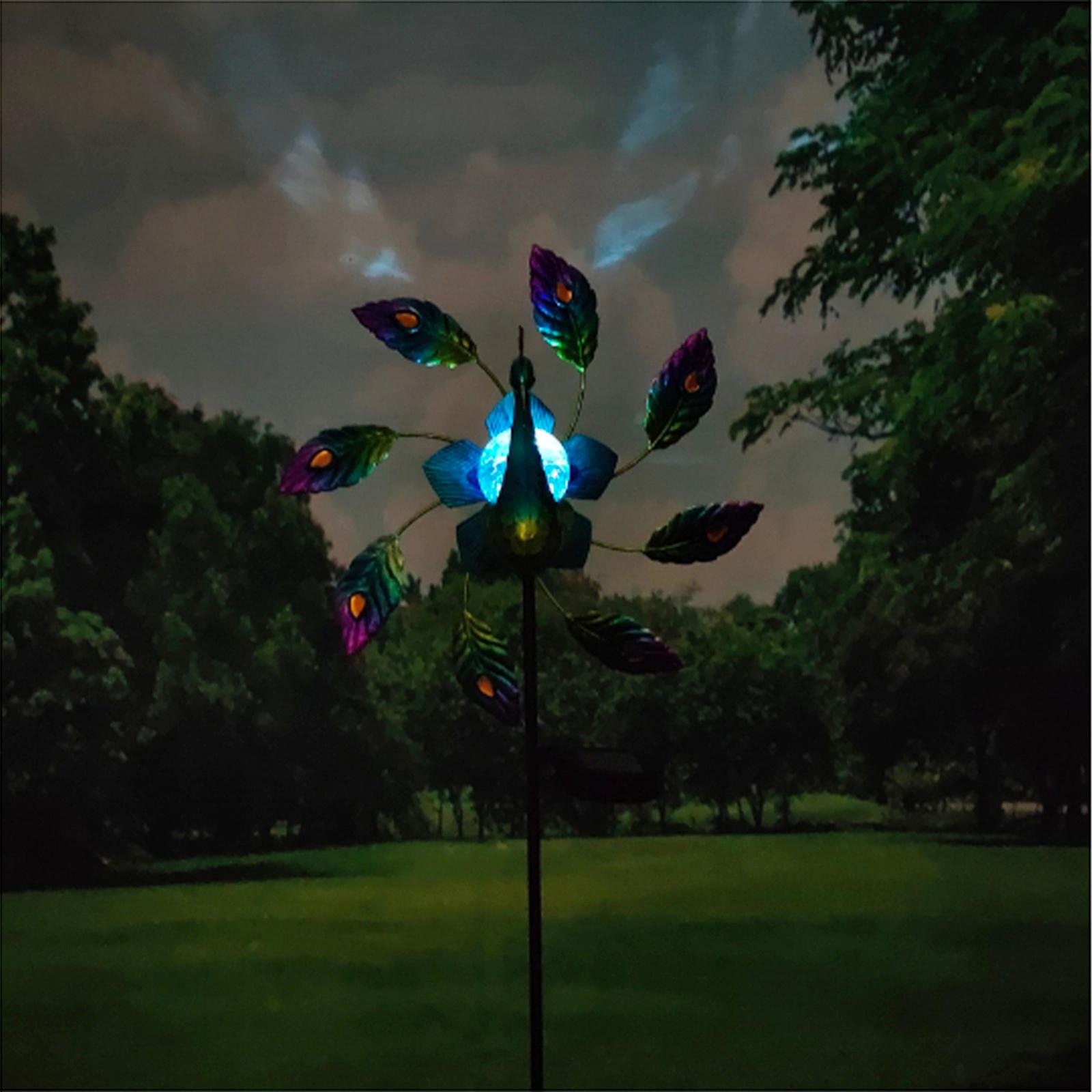Solar Wind Spinner LED Light Peacock Sculpture WindMill Outdoor Garden Stake
