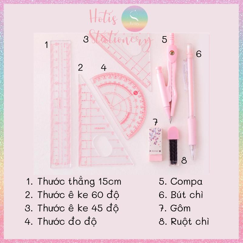 Bộ compa thước kẻ 8 món chuyên dụng, màu pastel cực xinh