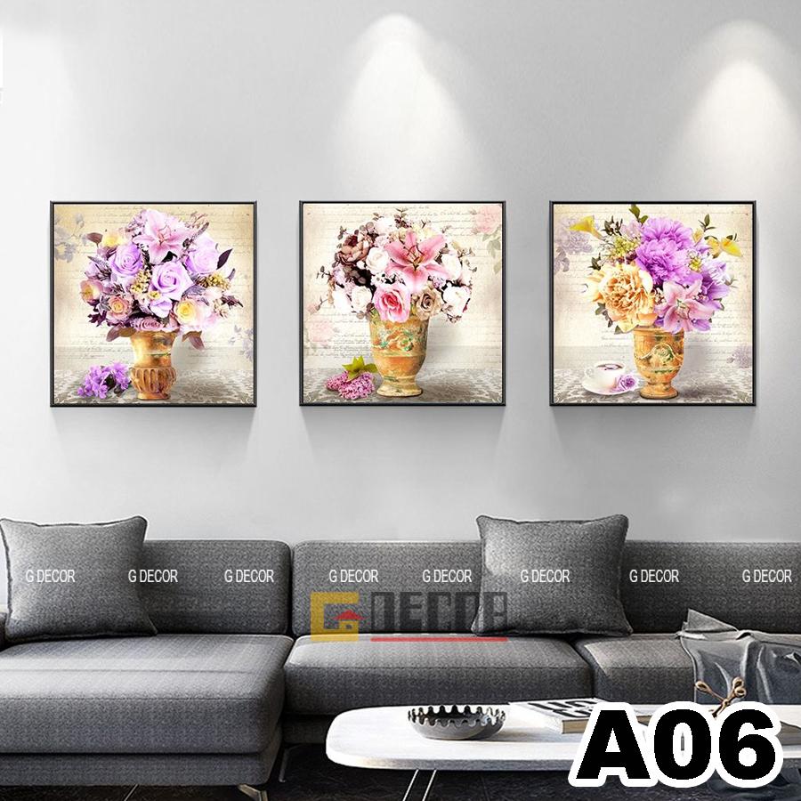 Tranh treo tường vuông canvas 3 bức phong cách hiện đại Bắc Âu A03 tranh lọ hoa trang trí phòng khách phòng ngủ spa
