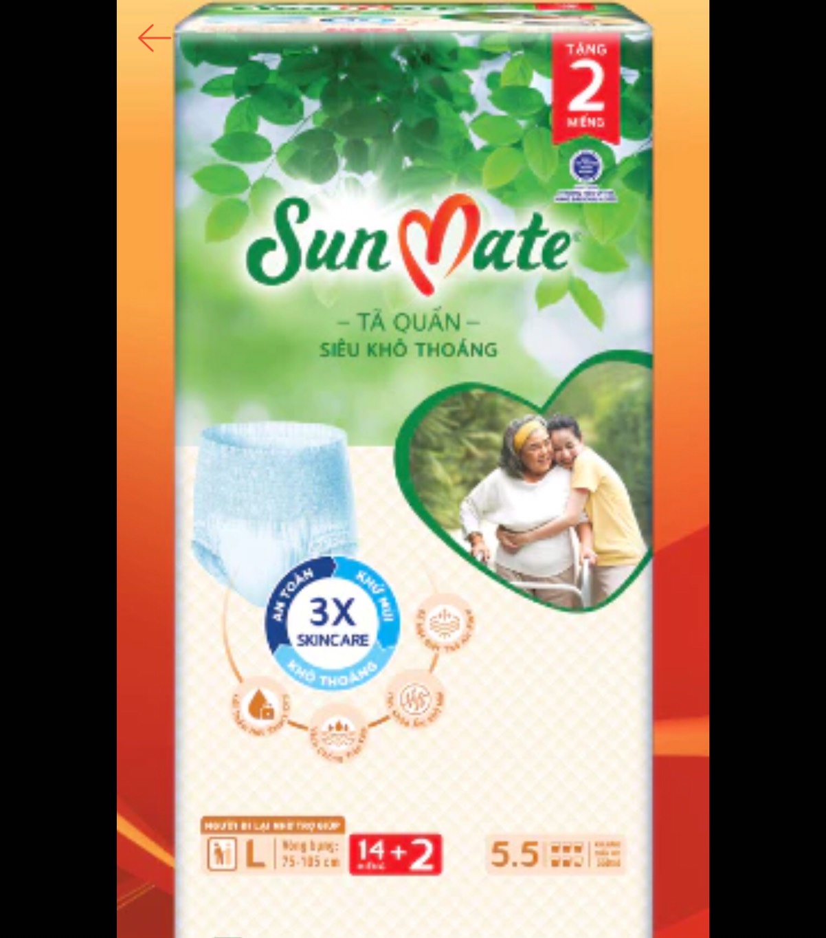HCM - Sỉ 1 Cây/Thùng 4 Gói Tã Quần Sunmate L14 + 2 (16 Miếng) Siêu Khô Thoáng - Tã quần người lớn Sunmate Size L16 Miếng