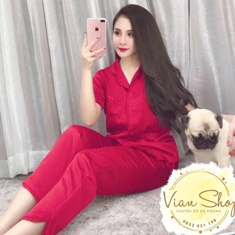 Bộ đồ pijama lụa, bộ lụa cộc tay quần dài viền bèo nơ túi xinh xắn
