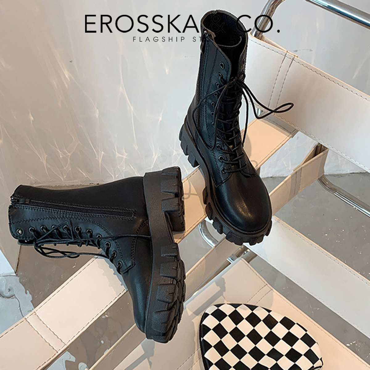 Erosska - Giày boot cổ cao có khoá kéo phong cách cá tính năng động - GB008