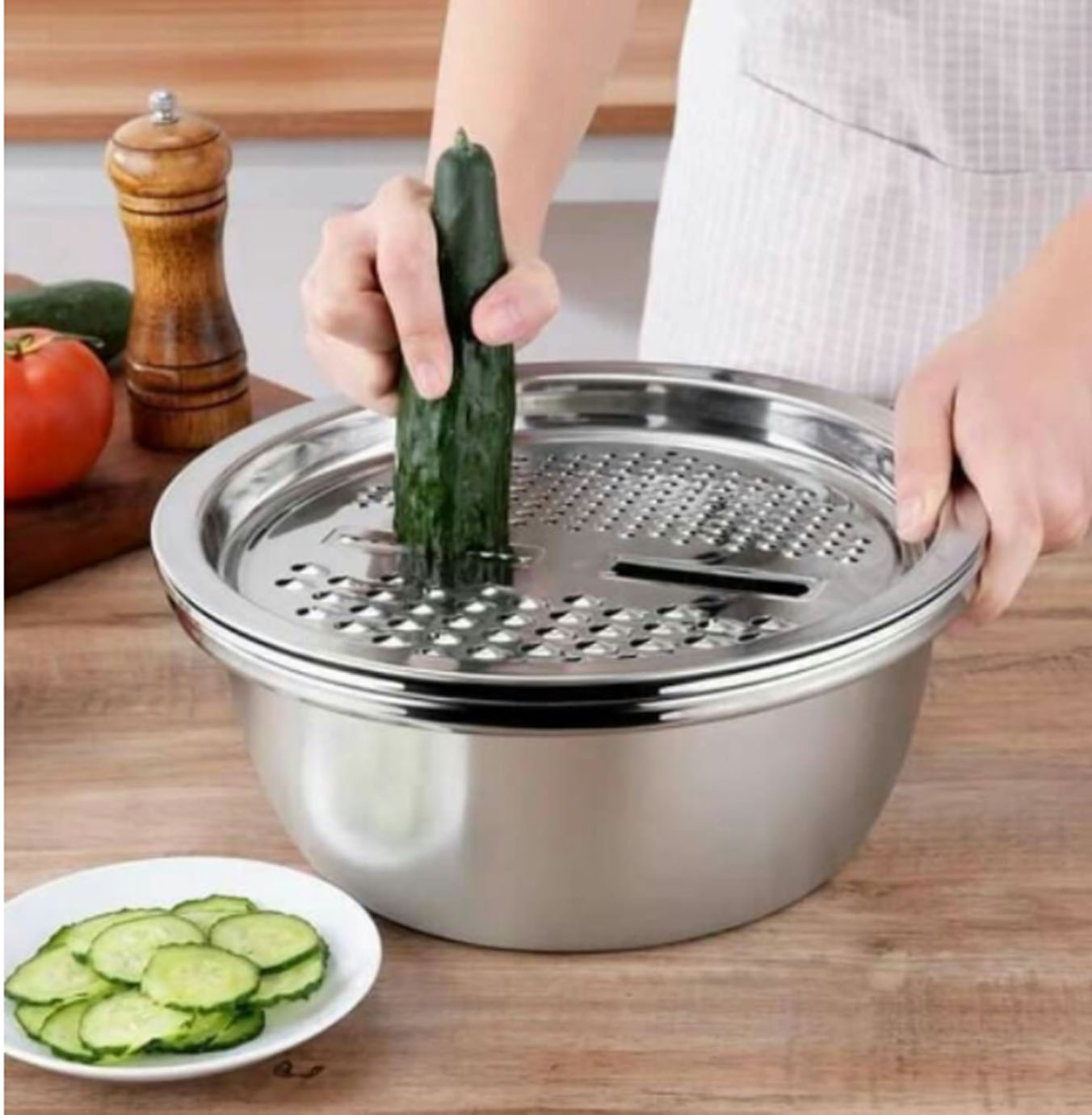 set 3 chậu rổ nạo inox tặng kèm kình giữ nhiệt xương rồng cao cấp