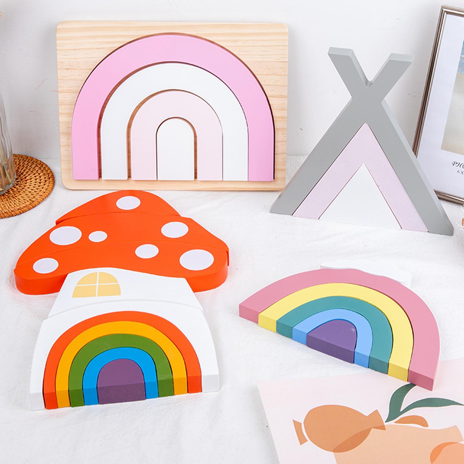 Wooden Rainbow Stacker Nesting Puzzle Blocks Stacking Game Building Creative Color Shape Matching Jigsaw Learning Toy Early Development Gift for Kids