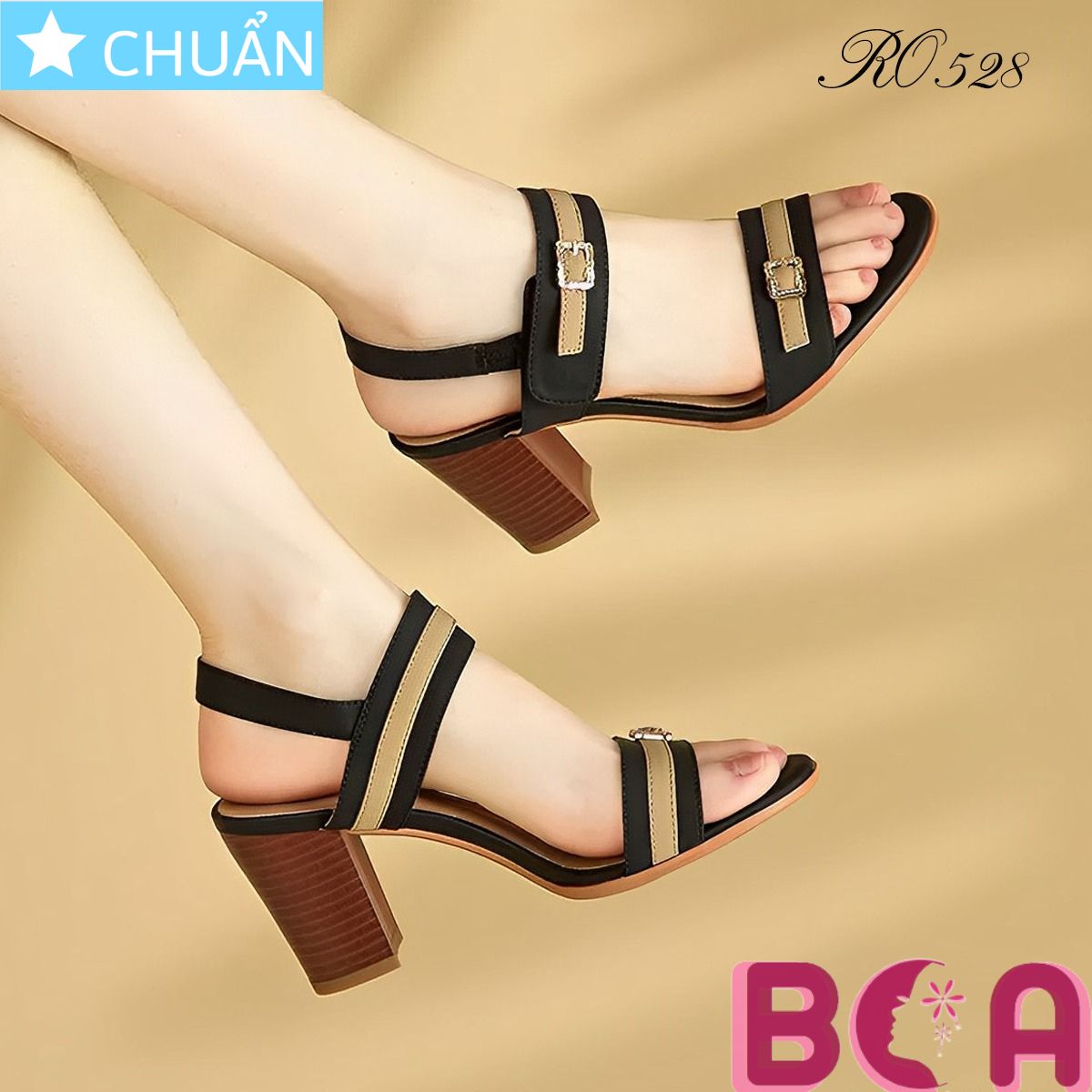 Giày sandal nữ gót trụ 7p RO528 ROSATA tại BCASHOP kiểu dáng thời trang, phối màu lạ mắt và độc đáo giữa đen và da