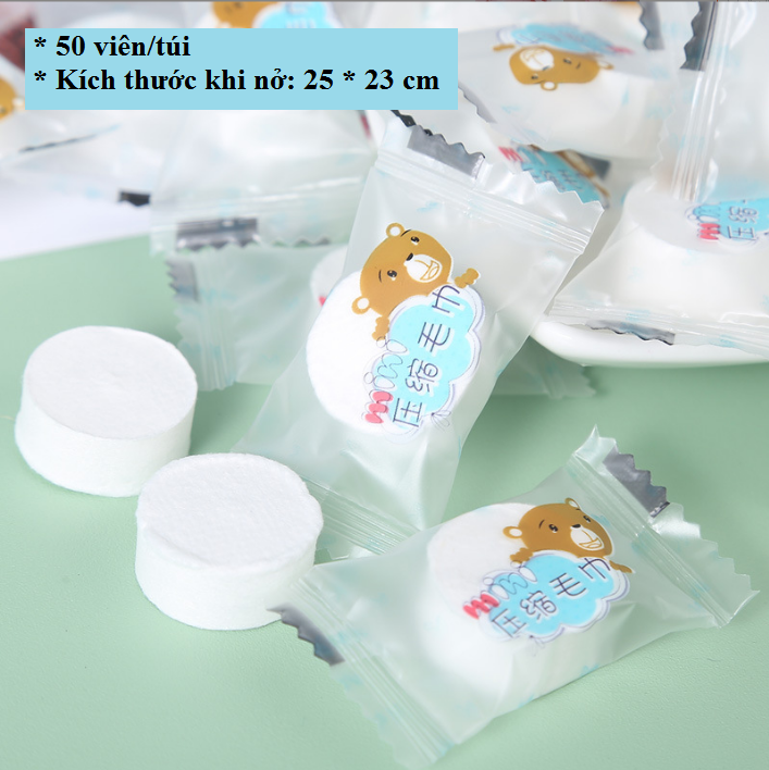 Túi 50 khăn giấy nén hình gấu bằng cotton, dạng viên kẹo dùng 1 lần GD593-KNenGau-50