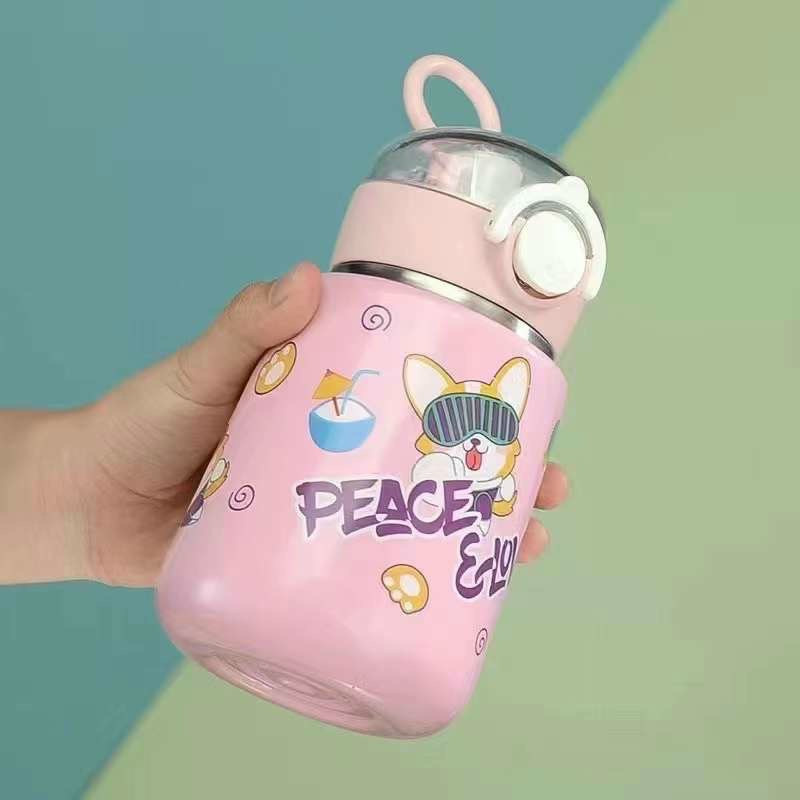 Bình giữ nhiệt học sinh kèm ống hút dây đeo 400ml giao màu ngẫu nhiên