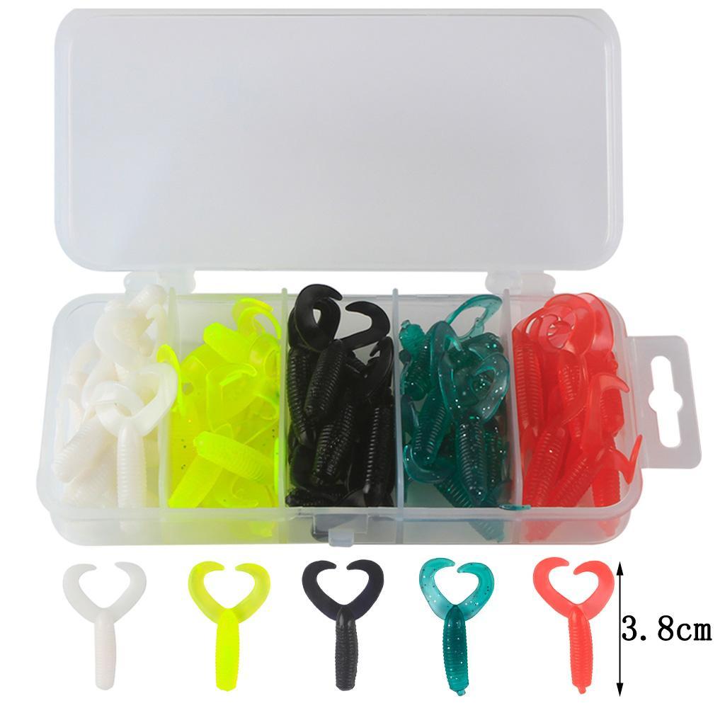 50pcs/set Portable Twin Tail Soft Fishing Lures Grub Maggots Worm Bait Swimbaits 5 Color