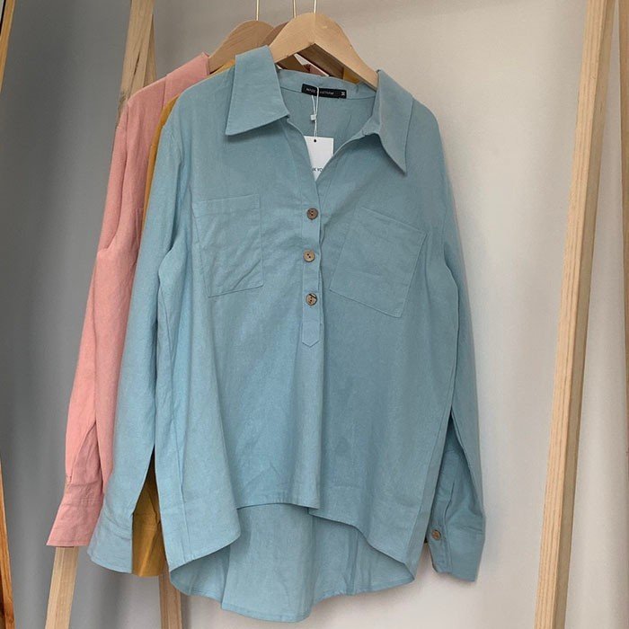 Áo sơ mi nữ dài tay form rộng trễ vai Linen thô Hàn cổ đức bổ trụ trẻ trung mềm mát