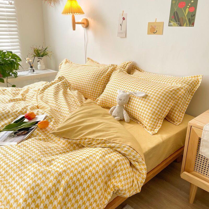 Bộ chăn ga gối Cotton poly M2T bedding, vỏ chăn mền, drap ga giường và 2 vỏ gối nằm,Pl roma vàng
