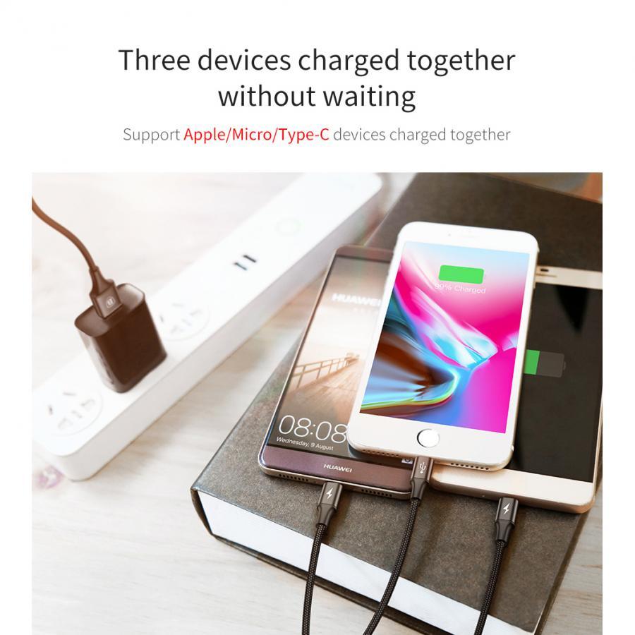 Dây cáp sạc thế hệ mới 3 in 1 sạc cùng lúc Micro USB và USB Type C và Lightning chính hãng Baseus - Sản phẩm chính hãng