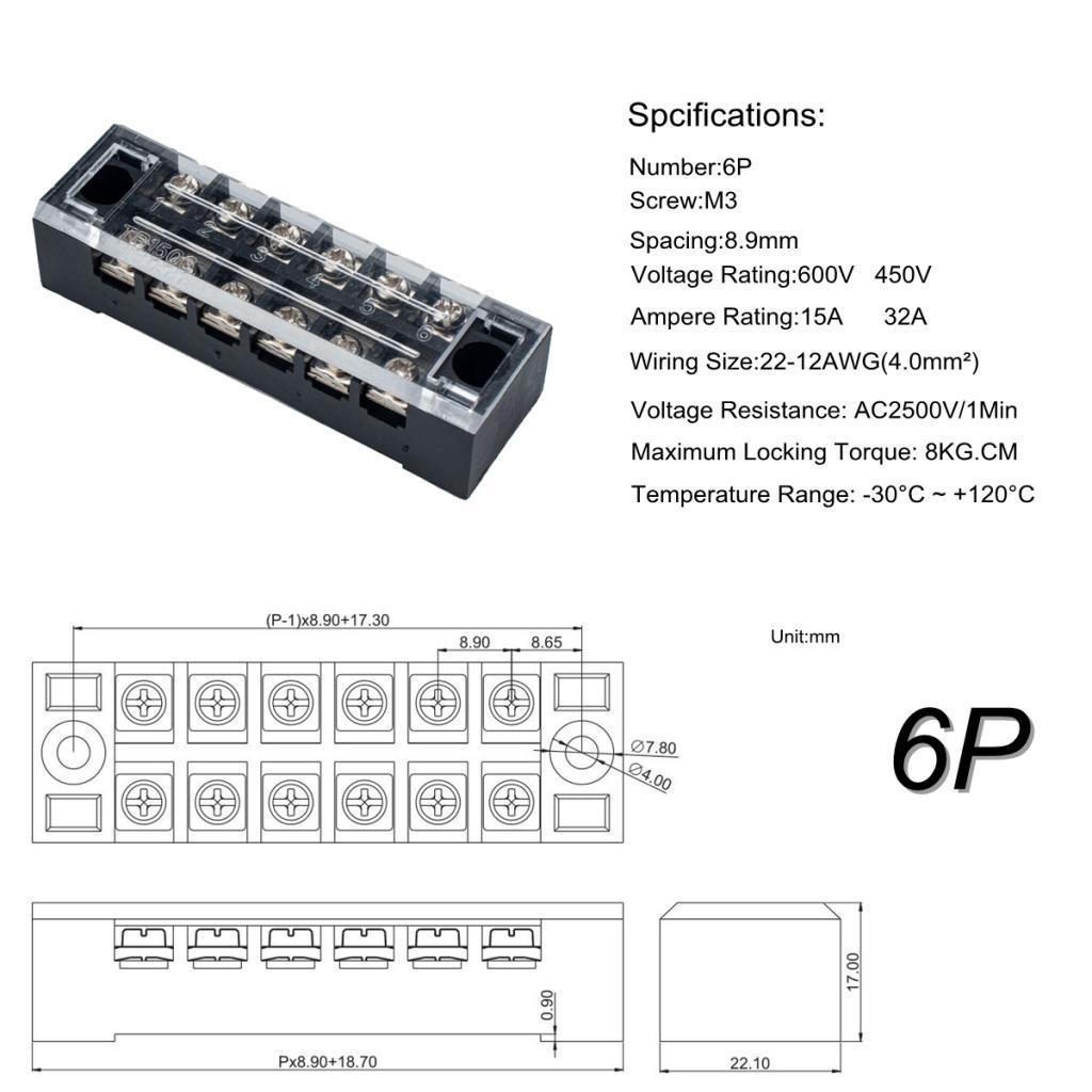 5Pcs Dual Row 6P Screw Barrier Terminal Block with Fork Type Terminal Barrier Strips
