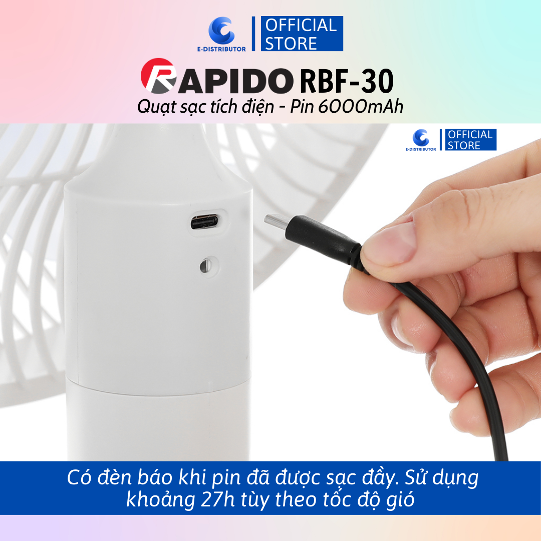 Quạt sạc điện có điều khiển Rapido RBF-30 (Pin 6000mAh) - Hàng chính hãng - Công suất: 30W  - Chế độ gió: Gió thường