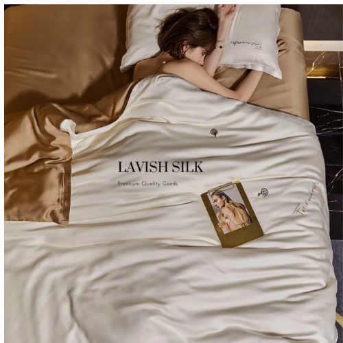 Trọn Bộ Ga Gối Lụa Kèm Chăn Sẵn Ruột + Tặng Bộ Quà Tặng Lavish Silk Cao Cấp - Trắng Mix Nâu