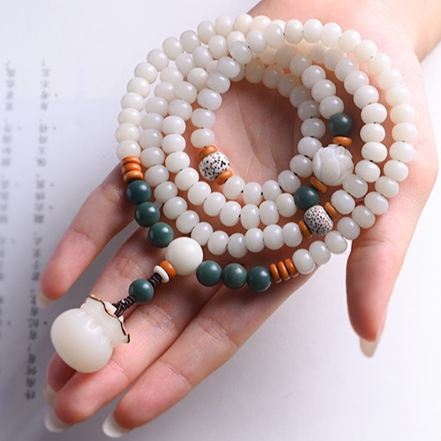 VÒNG CHUỖI 108 HẠT BẠCH NGỌC BỒ ĐỀ TỰ NHIÊN KHẮC TÚI TIỀN KÈM HỘP ĐỰNG