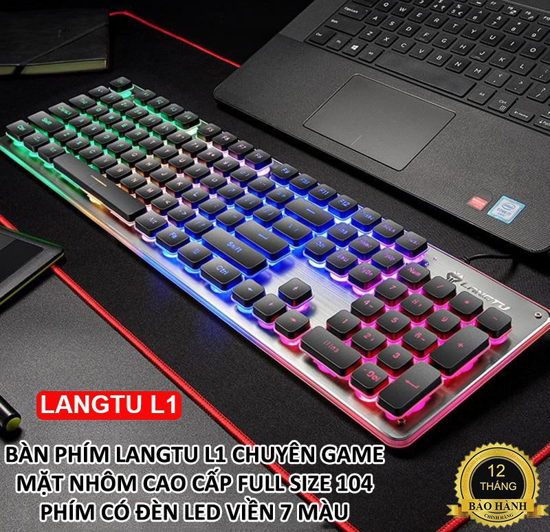 Bàn phím LANGTU L1 chuyên game mặt nhôm cao cấp full size 104 phím có đèn led viền 7 màu - Hàng Chính Hãng