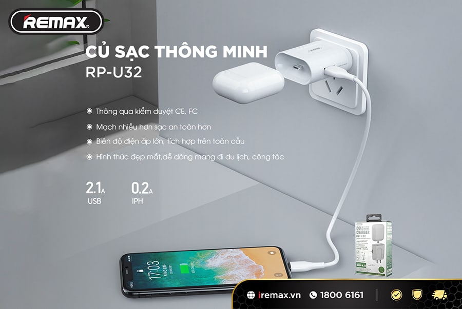 Củ Sạc Nhanh 30W Remax RP-U32 Công Nghệ Q3 - Hàng Chính Hãng