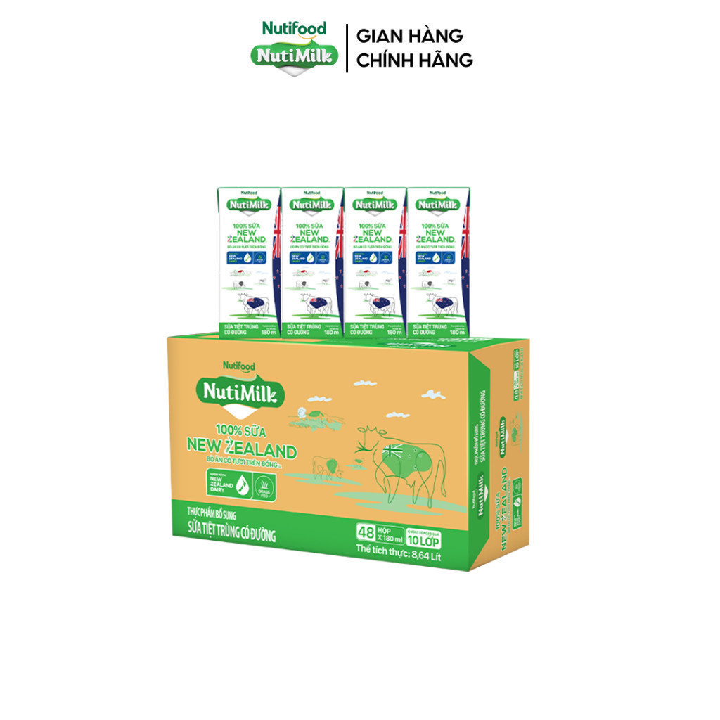 Thùng Sữa Tươi NewZealand Nutimilk Có Đường 180ml (Hộp 180ml x 48) - Sữa Bò Ăn Cỏ Tự Nhiên, Tốt Cho Sức Khỏe