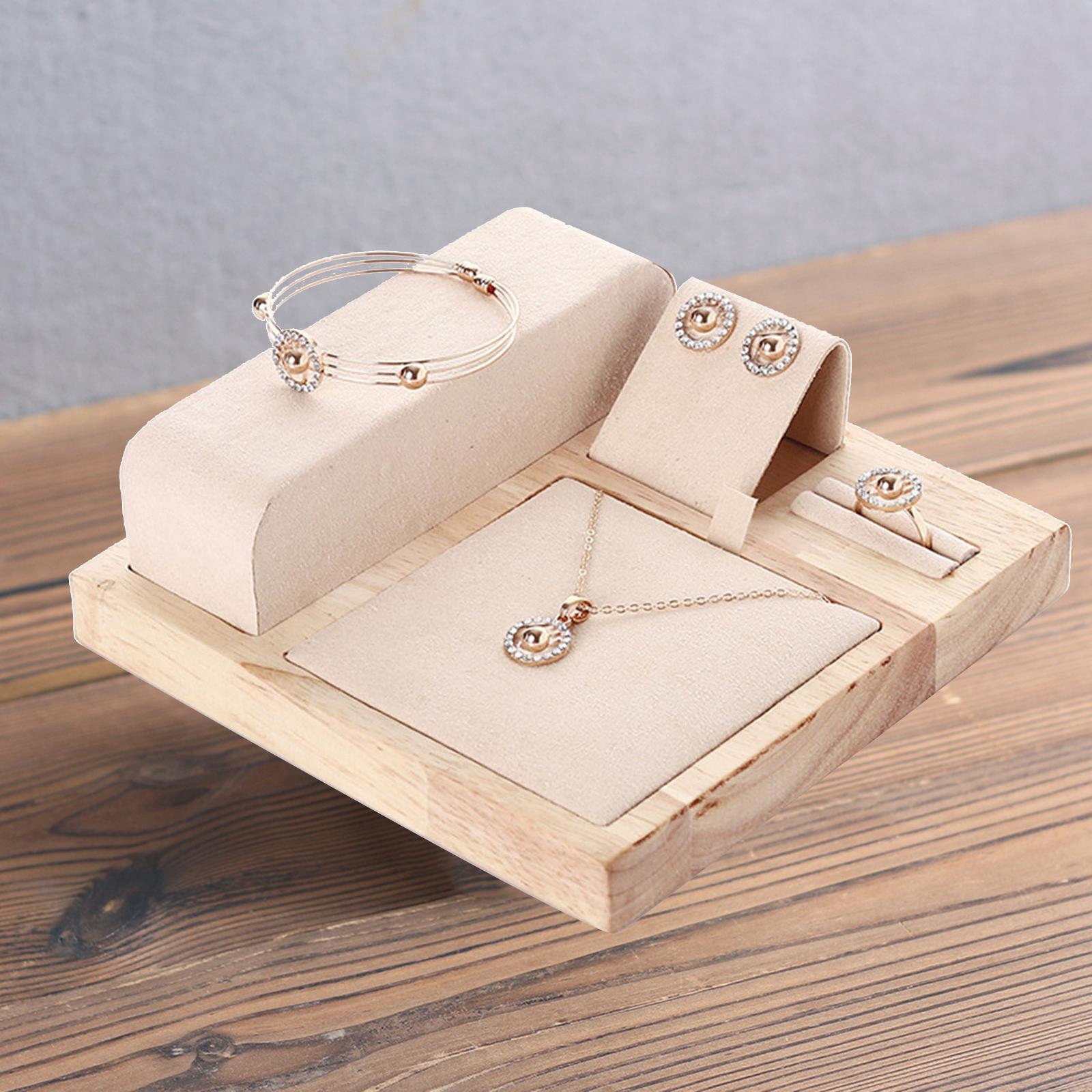 Wooden Velvet Jewelry Set Display Stand Necklace Earrings Holder Beige