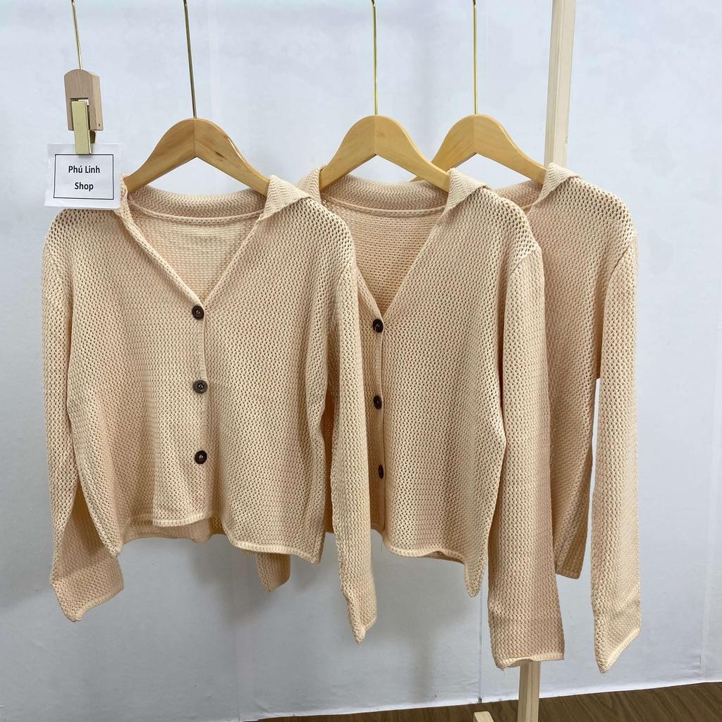 MS835 Áo len nữ montoghi đan móc cổ bẻ đính cúc