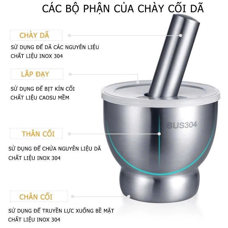 Cối Chày Inox 304  Có Nắp Đậy Cao Cấp – Giã Tỏi Ớt, Gia Vị, Thực Phẩm Nhanh Chóng, Sạch Sẽ Size 10cm