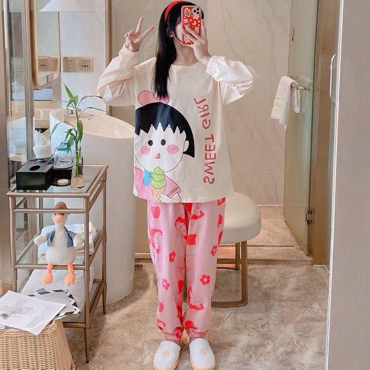 Set bộ đồ dành cho nữ, in hình cô gái dễ thương, áo dài tay quần dài chất thun cotton mềm mại mát mẻ