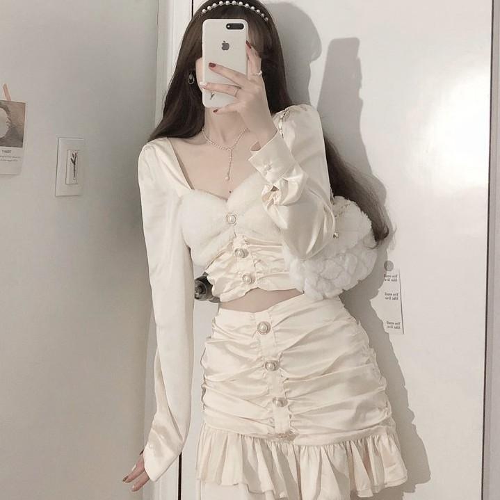 Set Váy Áo Đi Chơi LABELLE Màu Trắng Kem Set S100