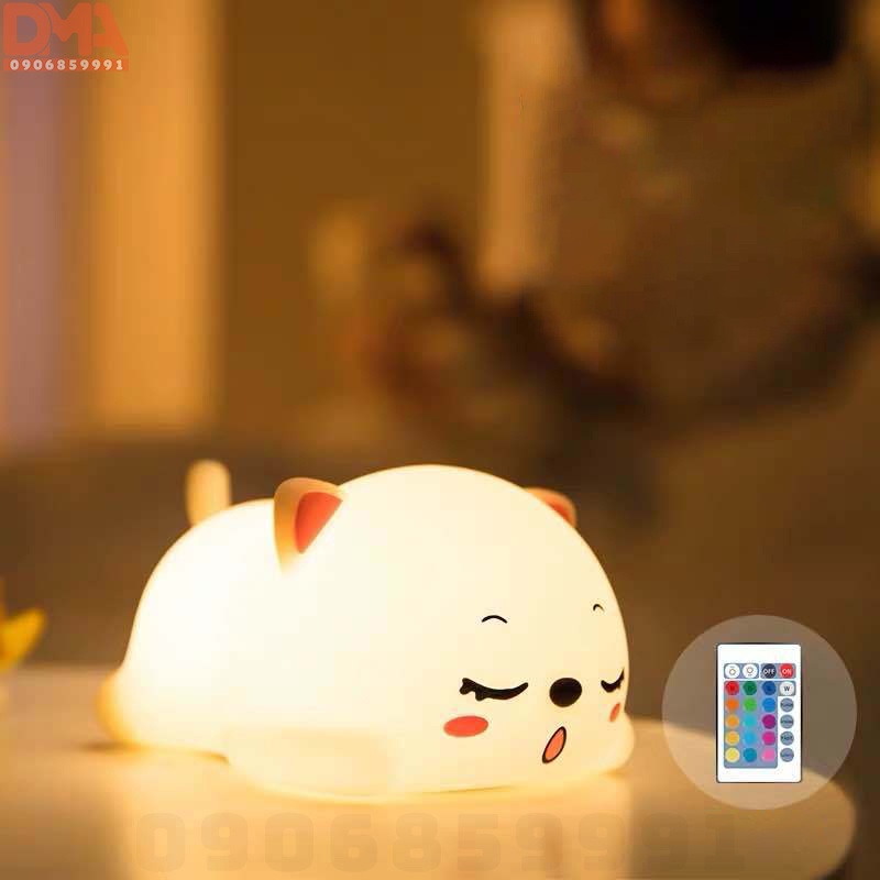 Đèn Ngủ Silicone Mèo Con Dễ Thương Có Điều Khiển Từ Xa LED RGB 16 Màu