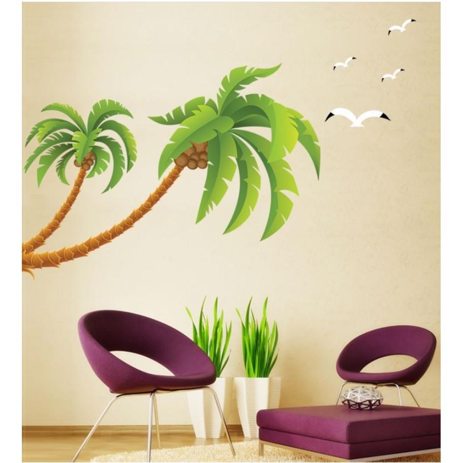 Decal trang trí tường - Cây Dừa Bãi Biển Xanh Lá size lớn